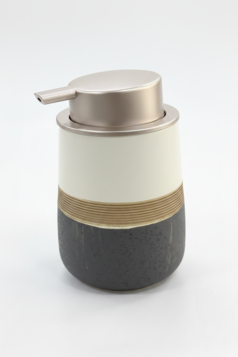 3-Tone Lotion Dispenser – Grey, Wood & Cream with Gold Pump | Premium Bathroom