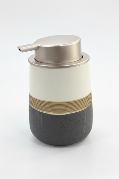 3-Tone Lotion Dispenser – Grey, Wood & Cream with Gold Pump | Premium Bathroom