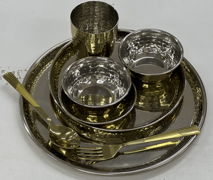 Sanjeev Kapoor by Awkenox 8 Pcs Premium Stainless Steel Thali Set – Gold Hammered Finish Dinnerware