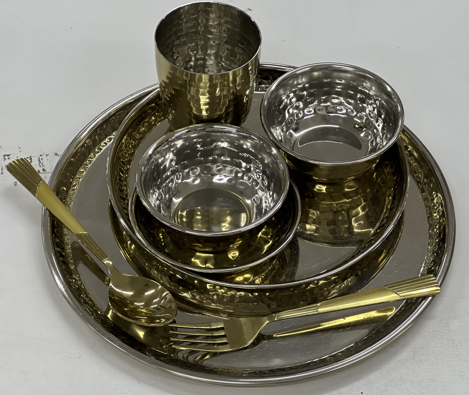 Sanjeev Kapoor by Awkenox 8 Pcs Premium Stainless Steel Thali Set – Gold Hammered Finish Dinnerware