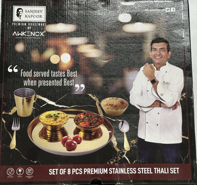 Sanjeev Kapoor by Awkenox 8 Pcs Premium Stainless Steel Thali Set – Gold Hammered Finish Dinnerware