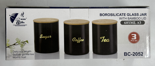 Born Chef Borosilicate Glass Jar Set of 3 Pcs BC-2052 — 685ml Tea Coffee Sugar with Bamboo Lid