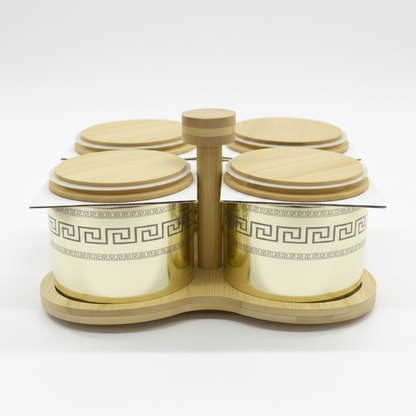 Born Chef BC-2054A Glassware 5 Pcs/Set — 4 High Borosilicate Jars 500ml with Fancy Bamboo Tray & Gold Ornate Lids