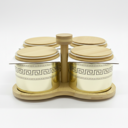 Born Chef BC-2054A Glassware 5 Pcs/Set — 4 High Borosilicate Jars 500ml with Fancy Bamboo Tray & Gold Ornate Lids