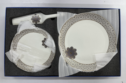 Premium Ceramic 8 Pcs Cake Plate Set with Knife - Grey Clover Design