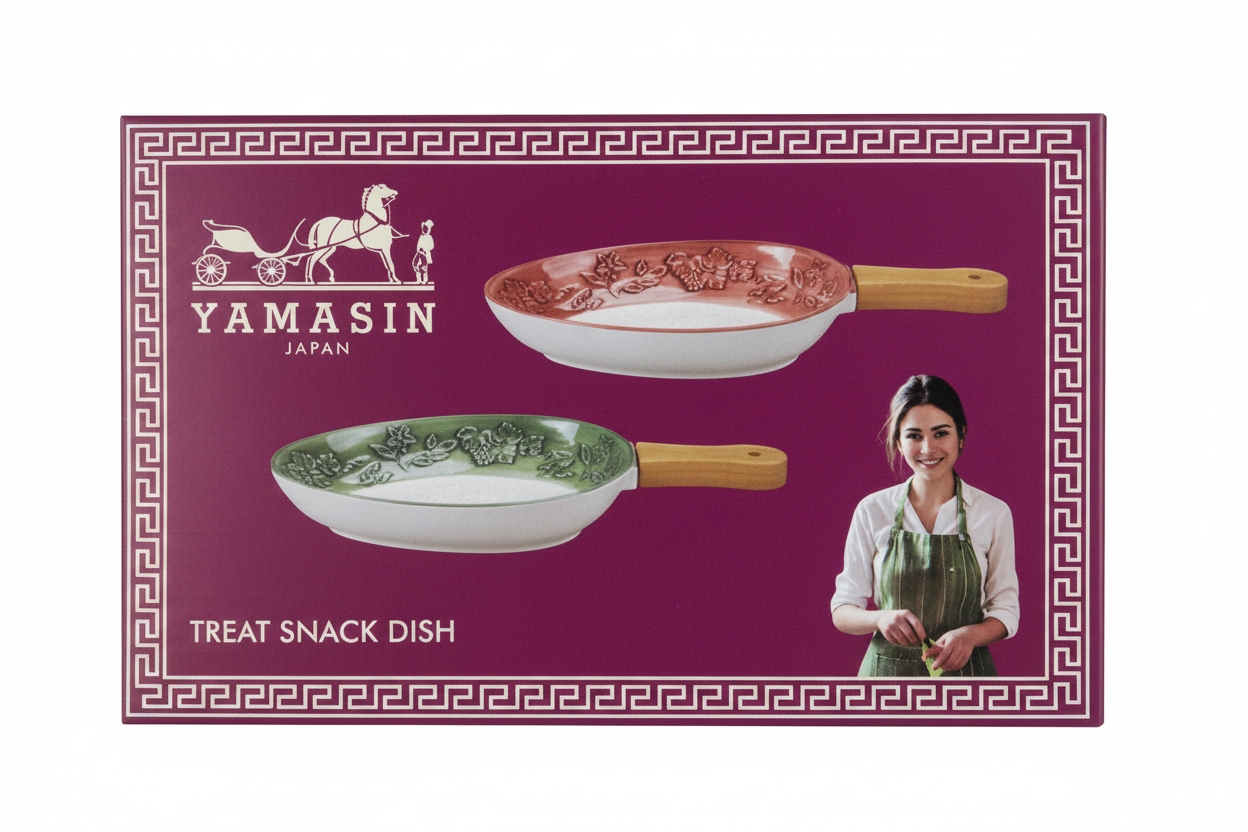 Fusion Ceramic Snack Dish | 1 Pc | Embossed Floral Design | Wooden Handle