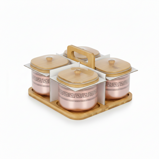 Born Chef BC-2058 Glassware 4 Pcs High Borosilicate Jar 500ml with Fancy Tray — Rose Gold Greek Pattern