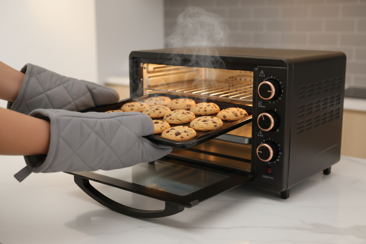 Hands pulling out baking tray from oven