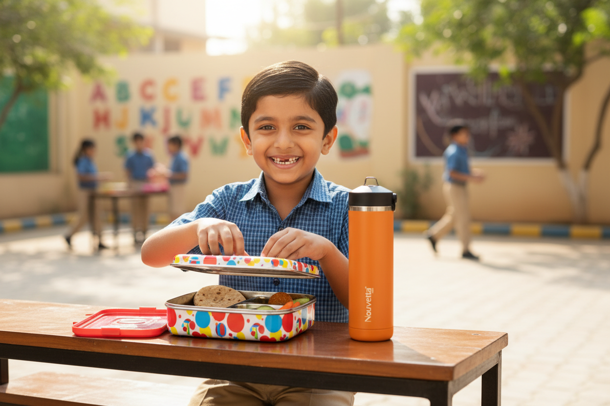 Healthy Lunch Scene – Child with Nouvetta Bottle