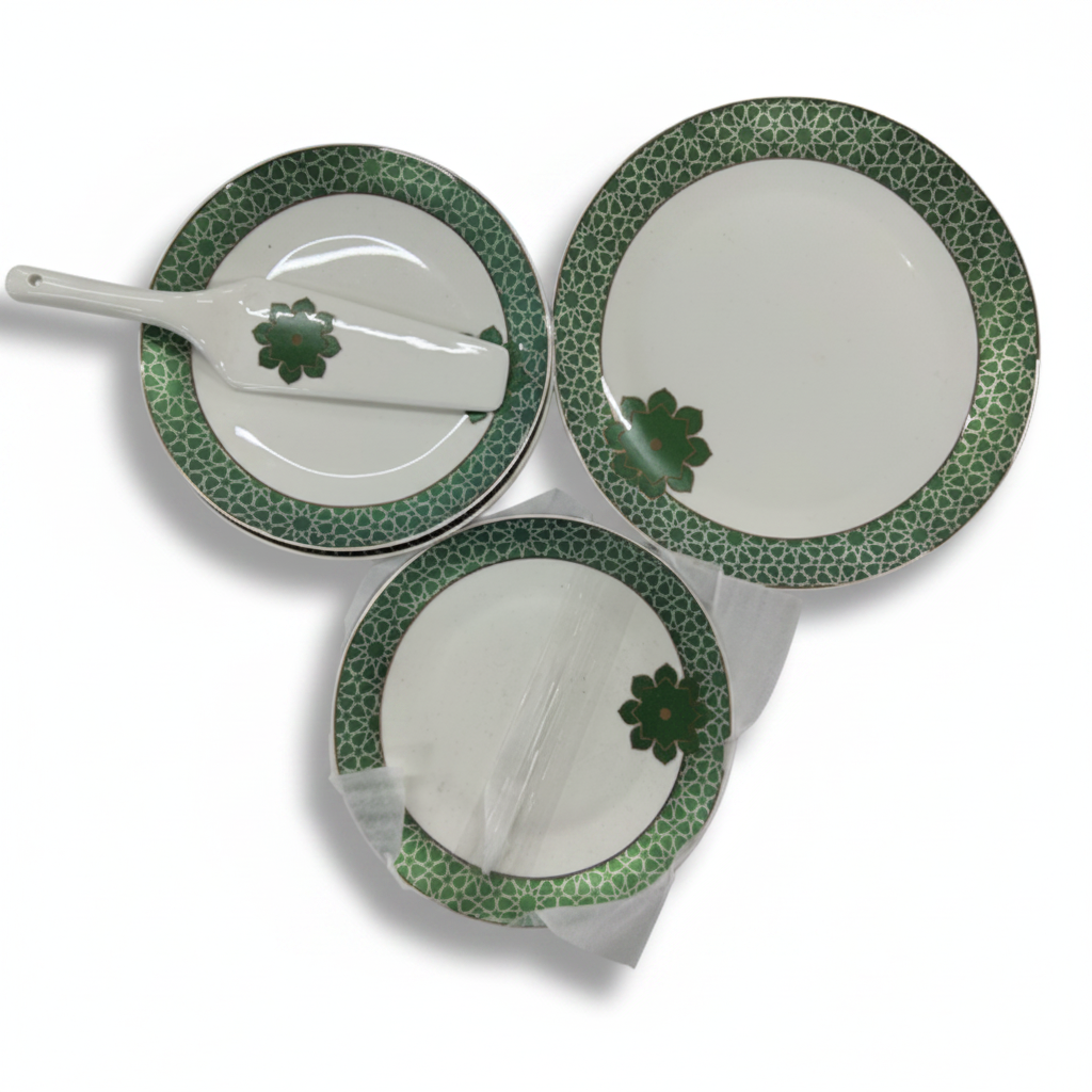 Green Clover Ceramic Plates Fan Layout with Spatula - White Background