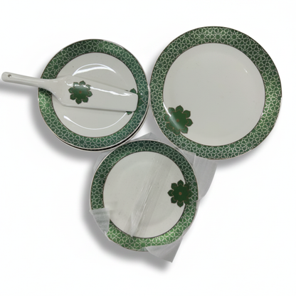 Green Clover Ceramic Plates Fan Layout with Spatula - White Background