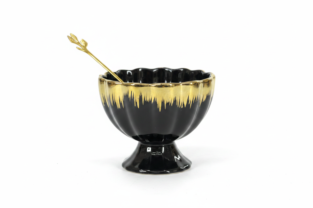 Black Gold Ceramic Bowl Side View White Background