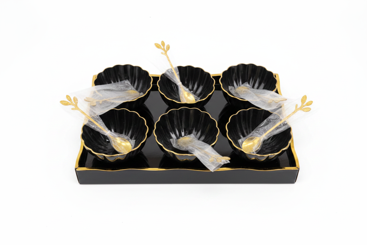 Black Gold Scalloped Bowl Set - Minimal White Background Studio Shot