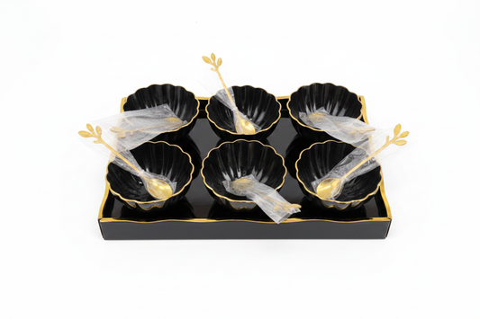 Black Gold Scalloped Bowl Set - Minimal White Background Studio Shot