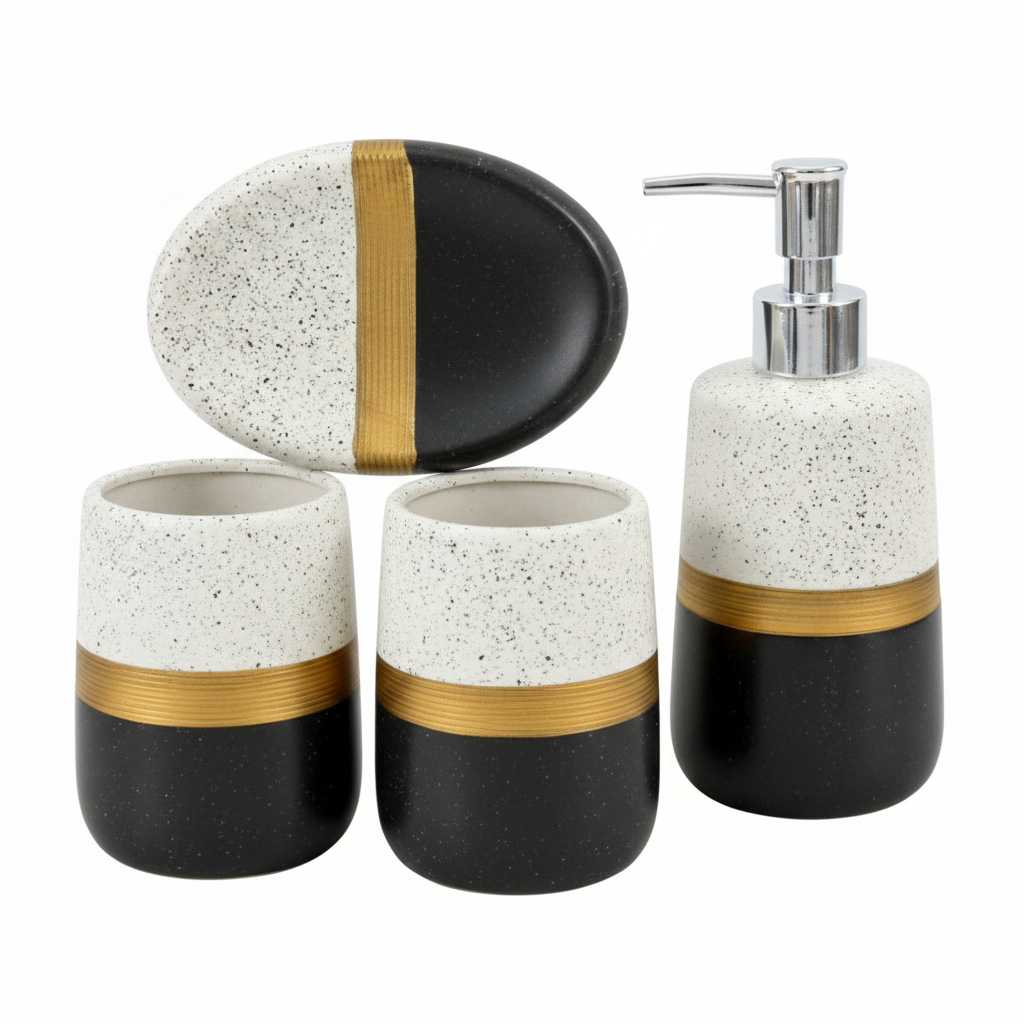 4-piece ceramic bathroom set black white speckled gold band - white background product shot