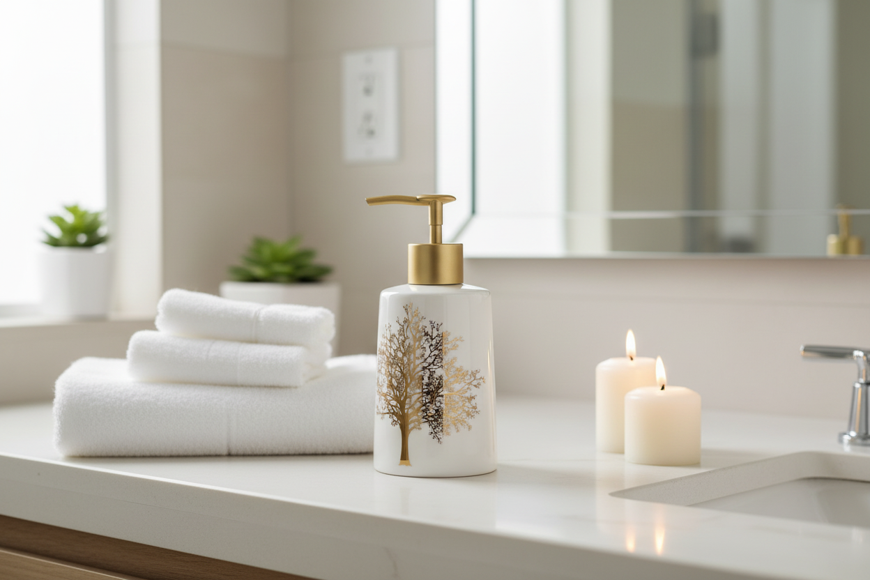 Ceramic Soap Dispenser - Bathroom Counter with Towels and Candles