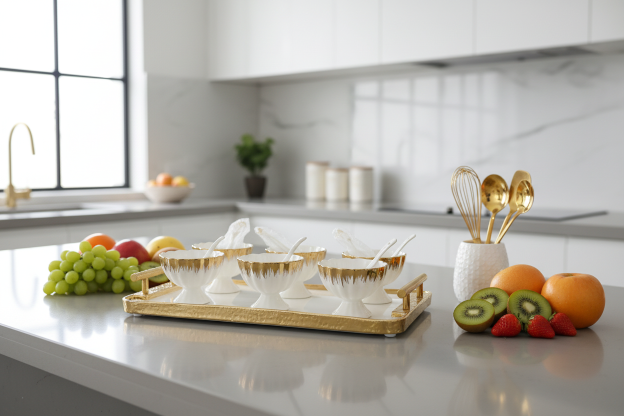White Gold Tea Cup Set - Luxury Kitchen Counter with Fruits and Utensils