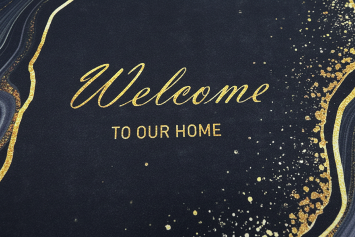 Welcome To Our Home Door Mat - Close-up Gold Text Detail
