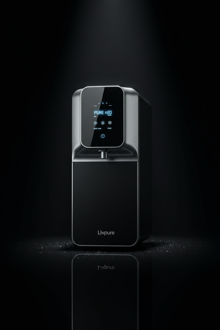 Livpure Smart Water Purifier - Luxury Spotlight Shot on Glossy Surface