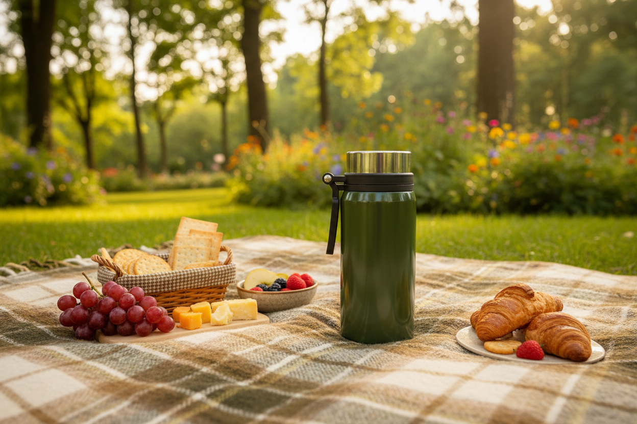 Green Thermos Flask - Outdoor Picnic Scene with Snacks and Greenery