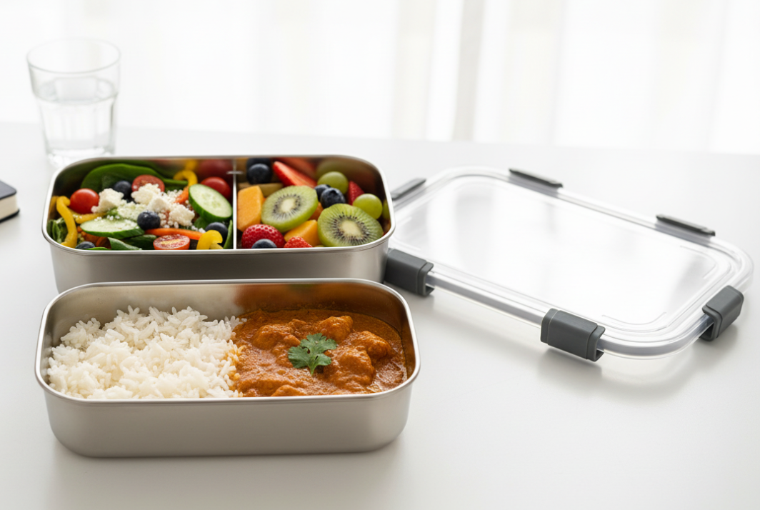 2-Tier Steel Lunch Box - Lifestyle Shot with Food