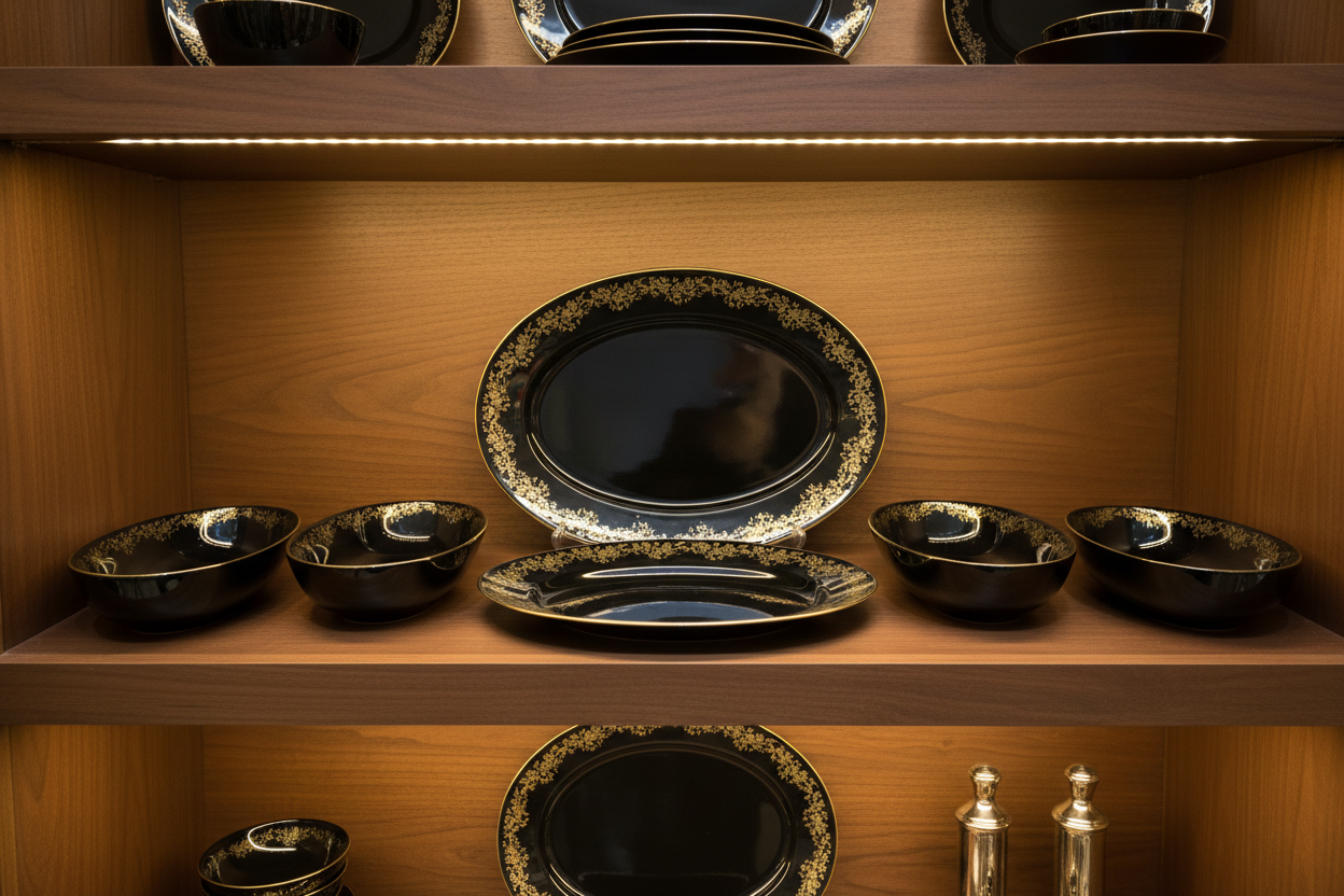 Elegant Shelf Display - Glossy black plates and bowls with gold floral rim on wooden shelf