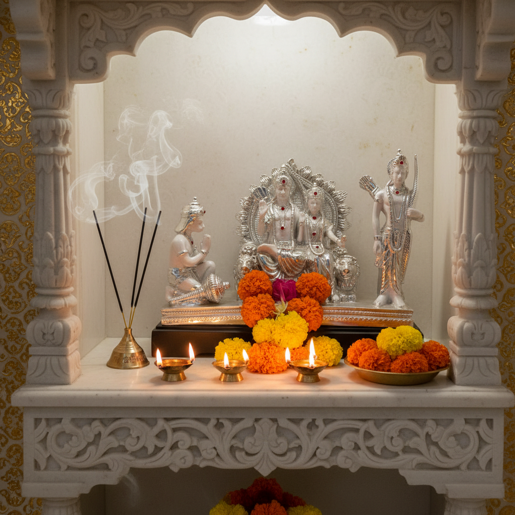 Ram Darbar murti in puja room with diyas