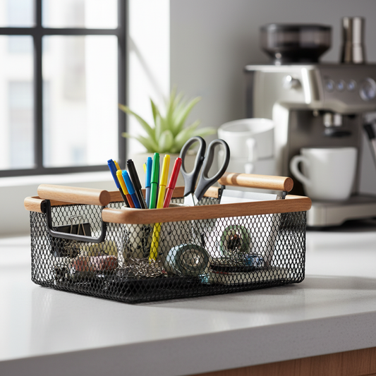 Black Mesh Basket - Organized Desk Lifestyle
