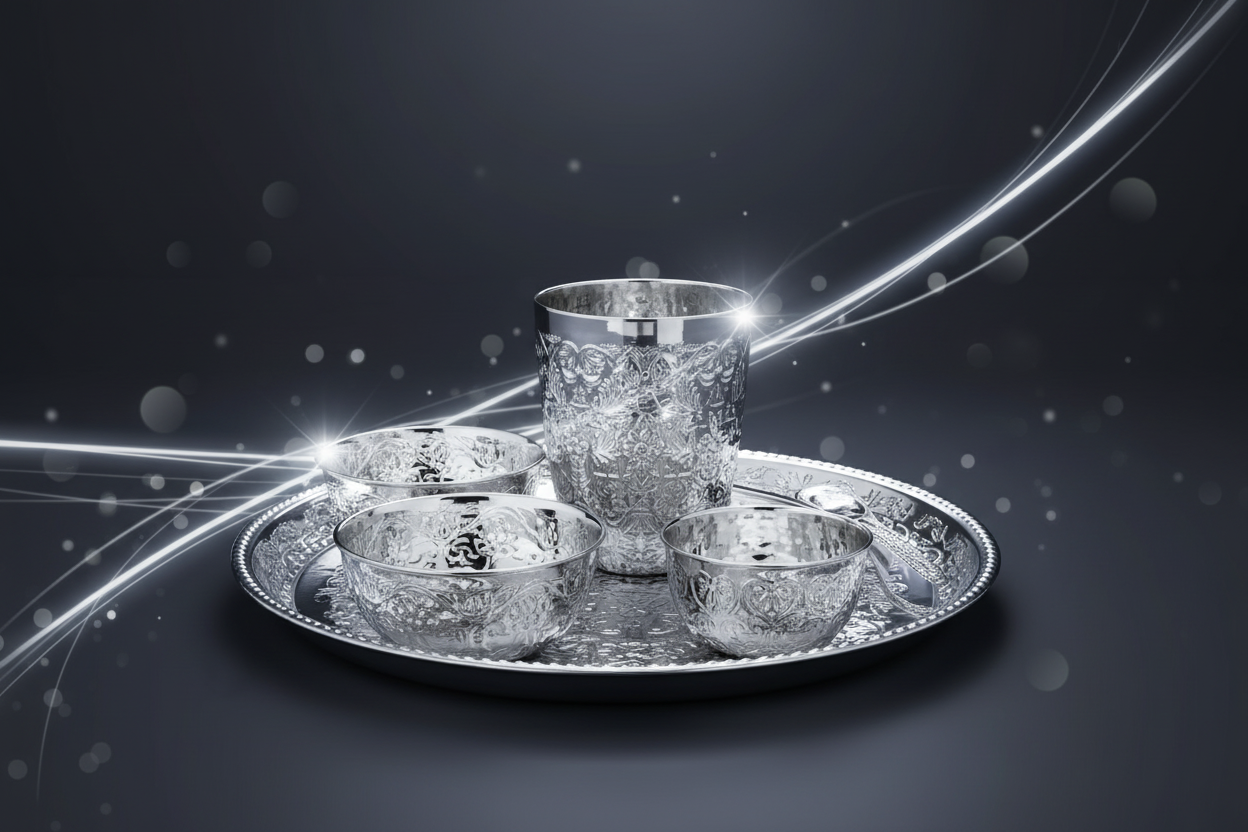 Silver Embossed Steel Drinkware Set - Creative Ad with Glowing Hammered Metal Accents