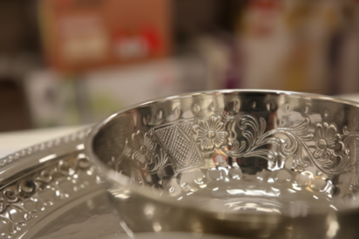 Silver Embossed Steel Drinkware - Close-up Hammered Texture Macro Shot