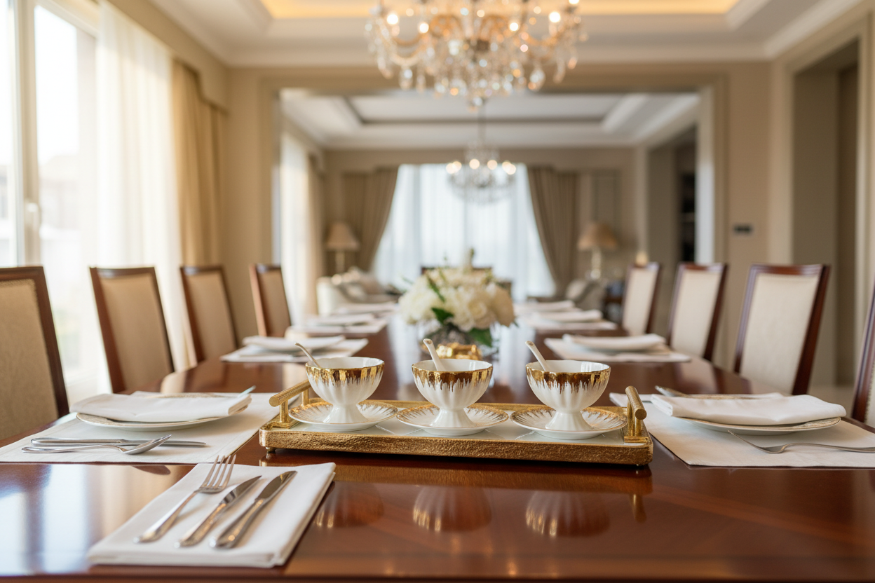 White Gold Tea Cup Set - Elegant Dining Table Setup with Cutlery and Napkins