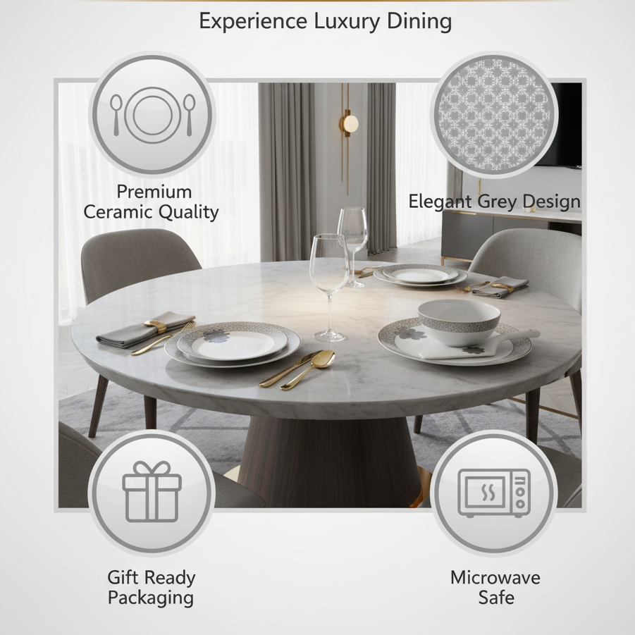 Premium Ceramic 8 Pcs Cake Plate Set Grey Clover - Benefits Infographic