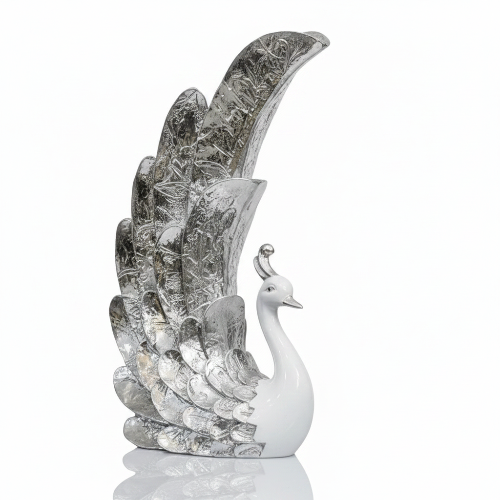 Silver Peacock Figurine - 3/4 Left Angle