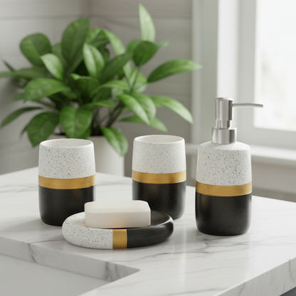 4-piece ceramic bathroom set black white speckled gold band - lifestyle marble counter