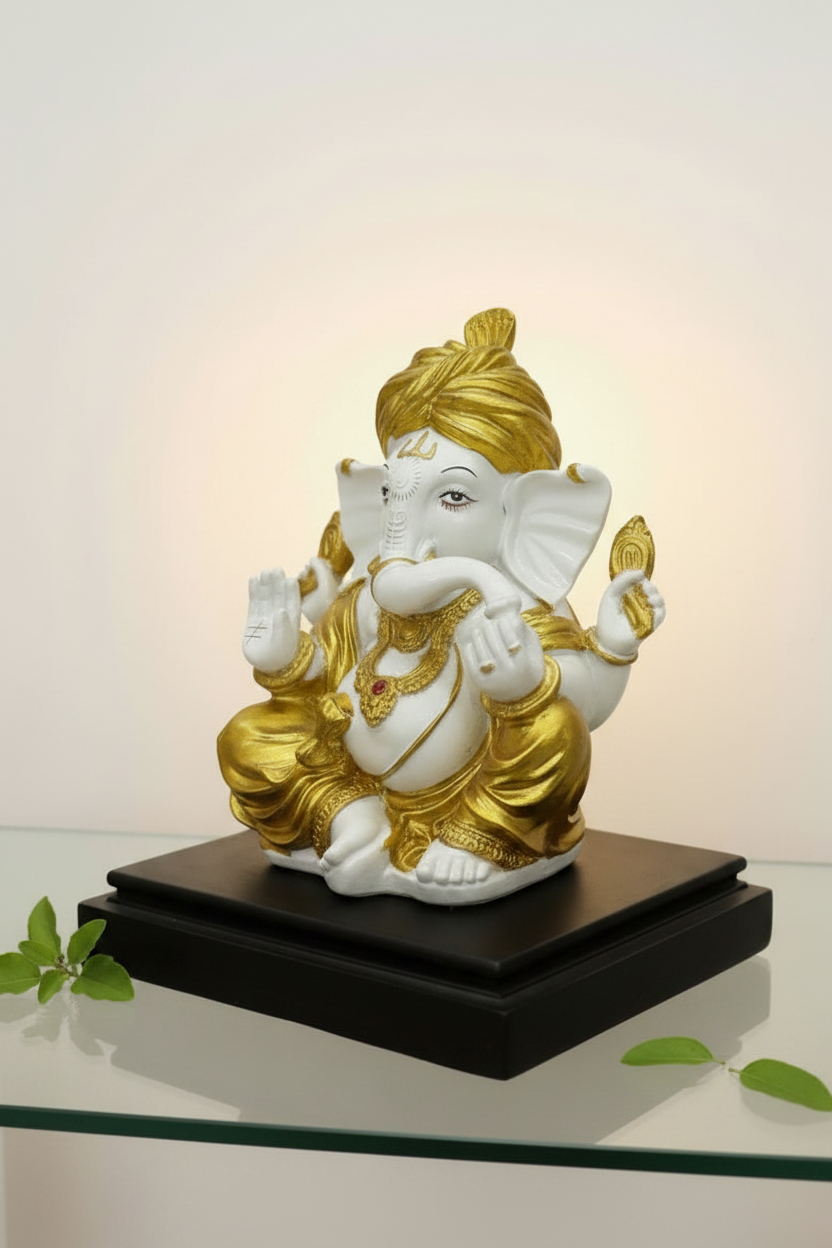 White Gold Ganesha Idol - Three-Quarter Angle