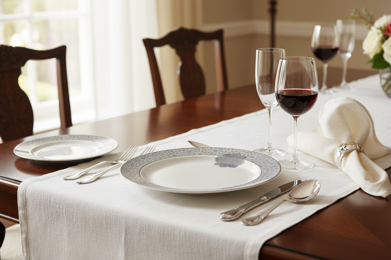 White Silver Lace Ceramic Plate - Elegant Dining Table Setup with Cutlery