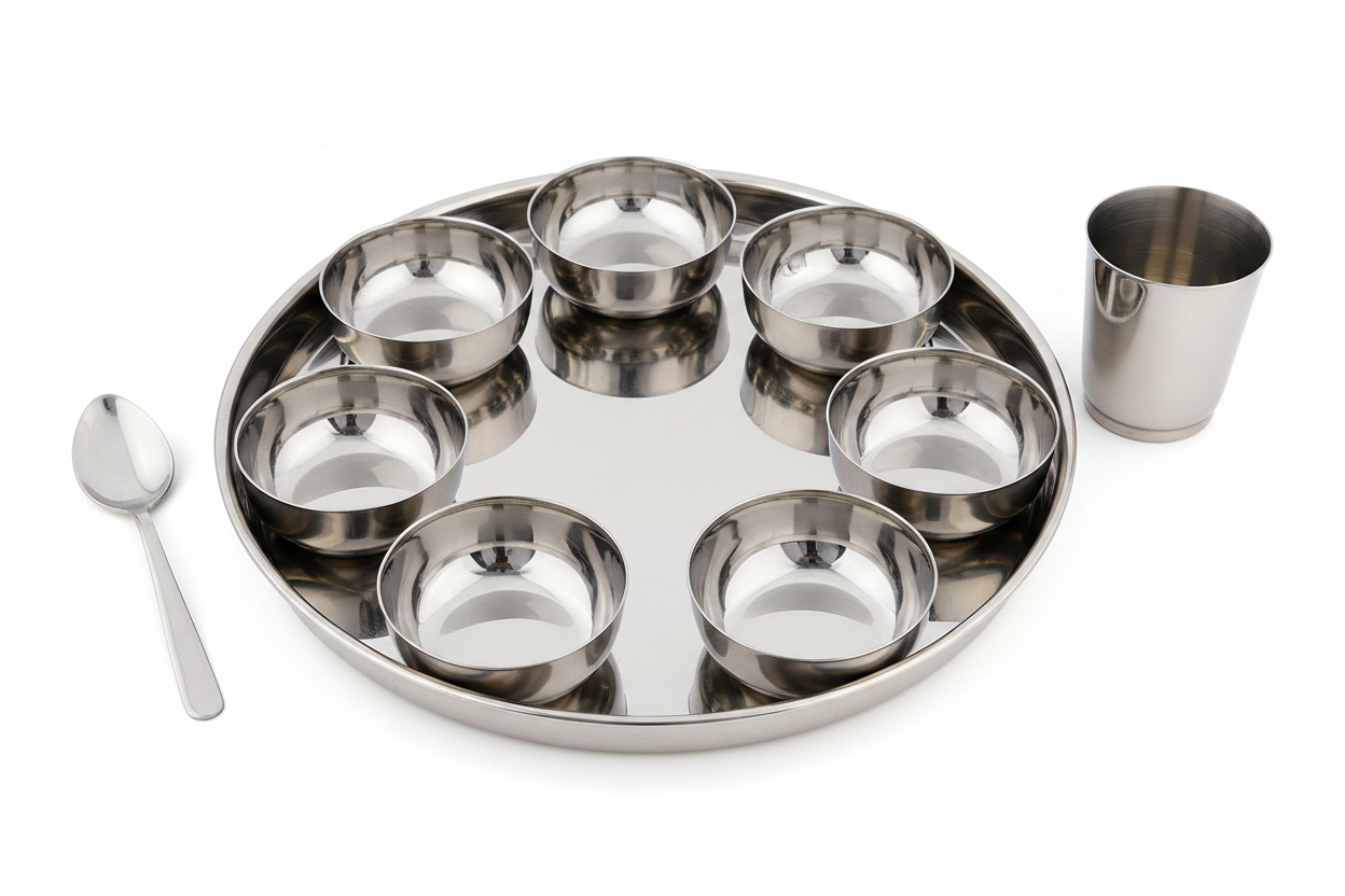 Stainless Steel Thali Set - Minimal White Background Studio Shot