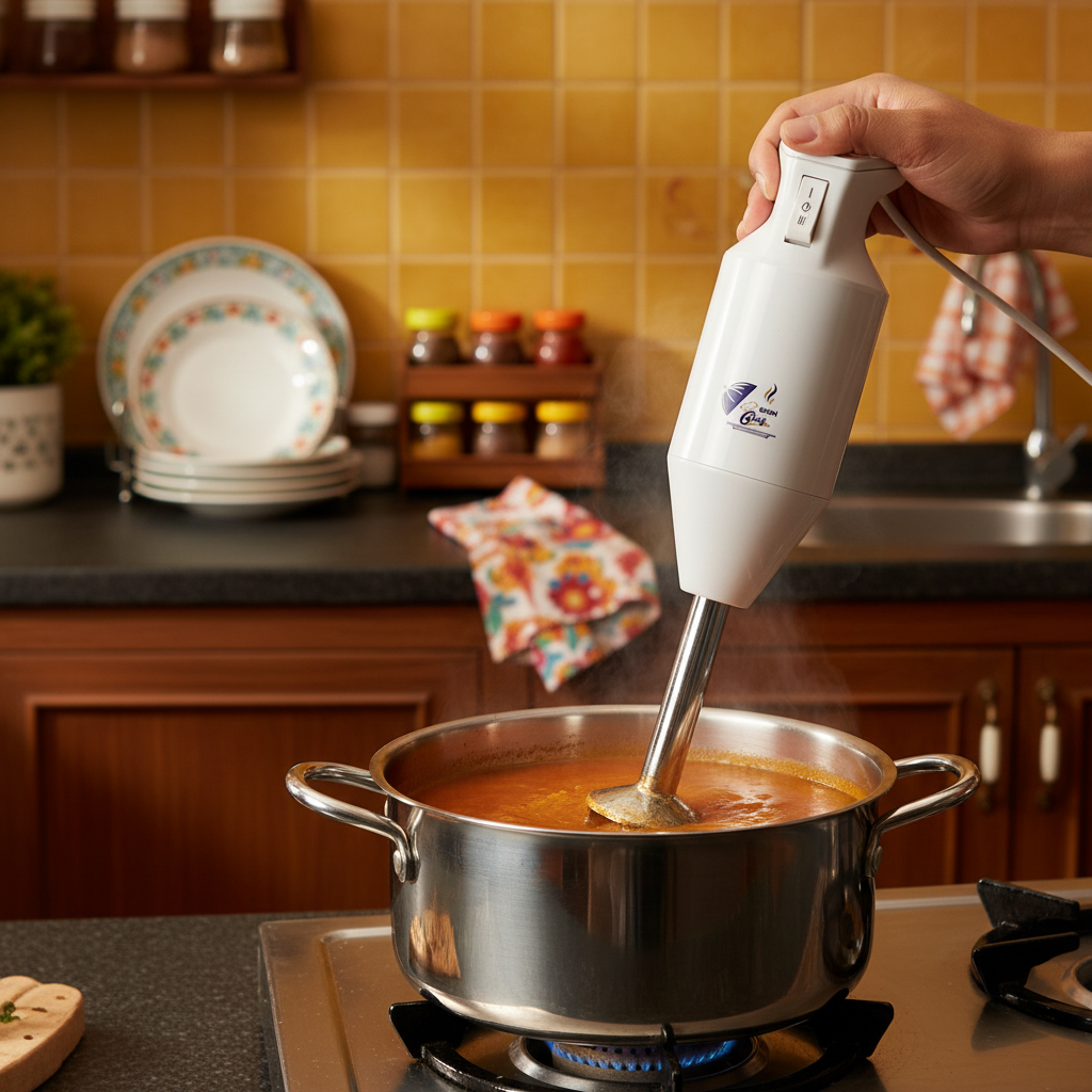 Hand blender blending tomato soup in Indian kitchen