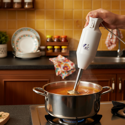 Hand blender blending tomato soup in Indian kitchen