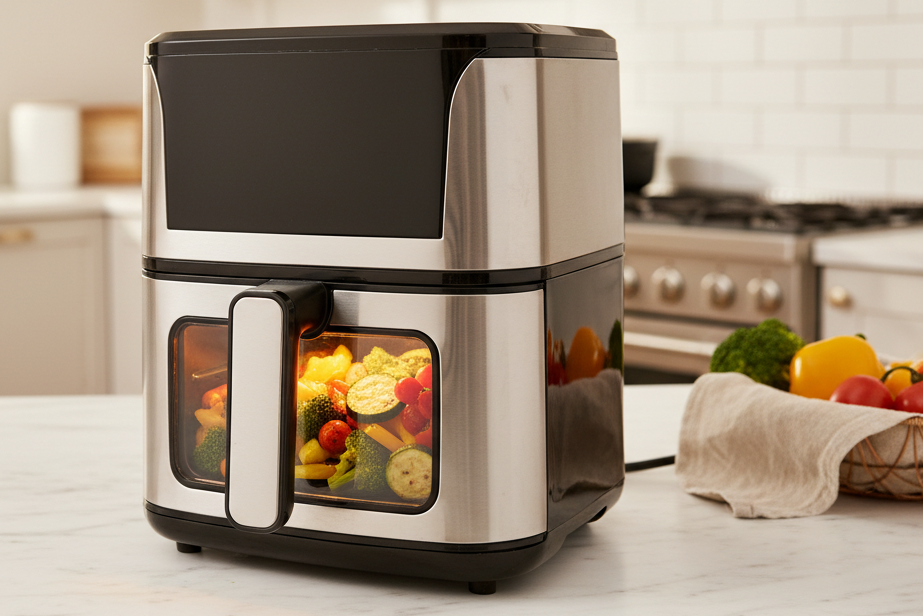 Stainless steel air fryer - marble countertop lifestyle