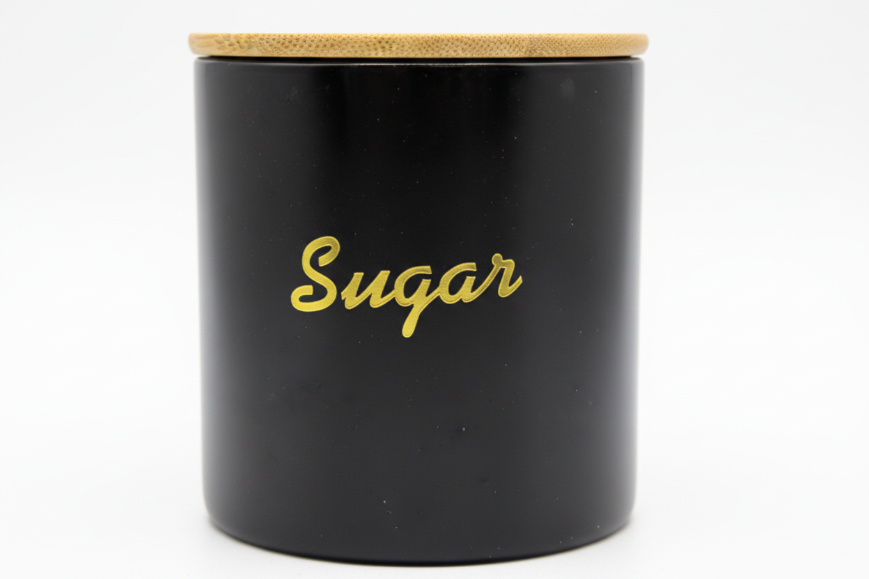 Born Chef Black Glass Sugar Jar 685ml with Bamboo Lid Gold Script Close Up