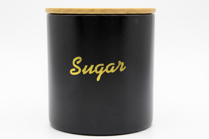 Born Chef Black Glass Sugar Jar 685ml with Bamboo Lid Gold Script Close Up