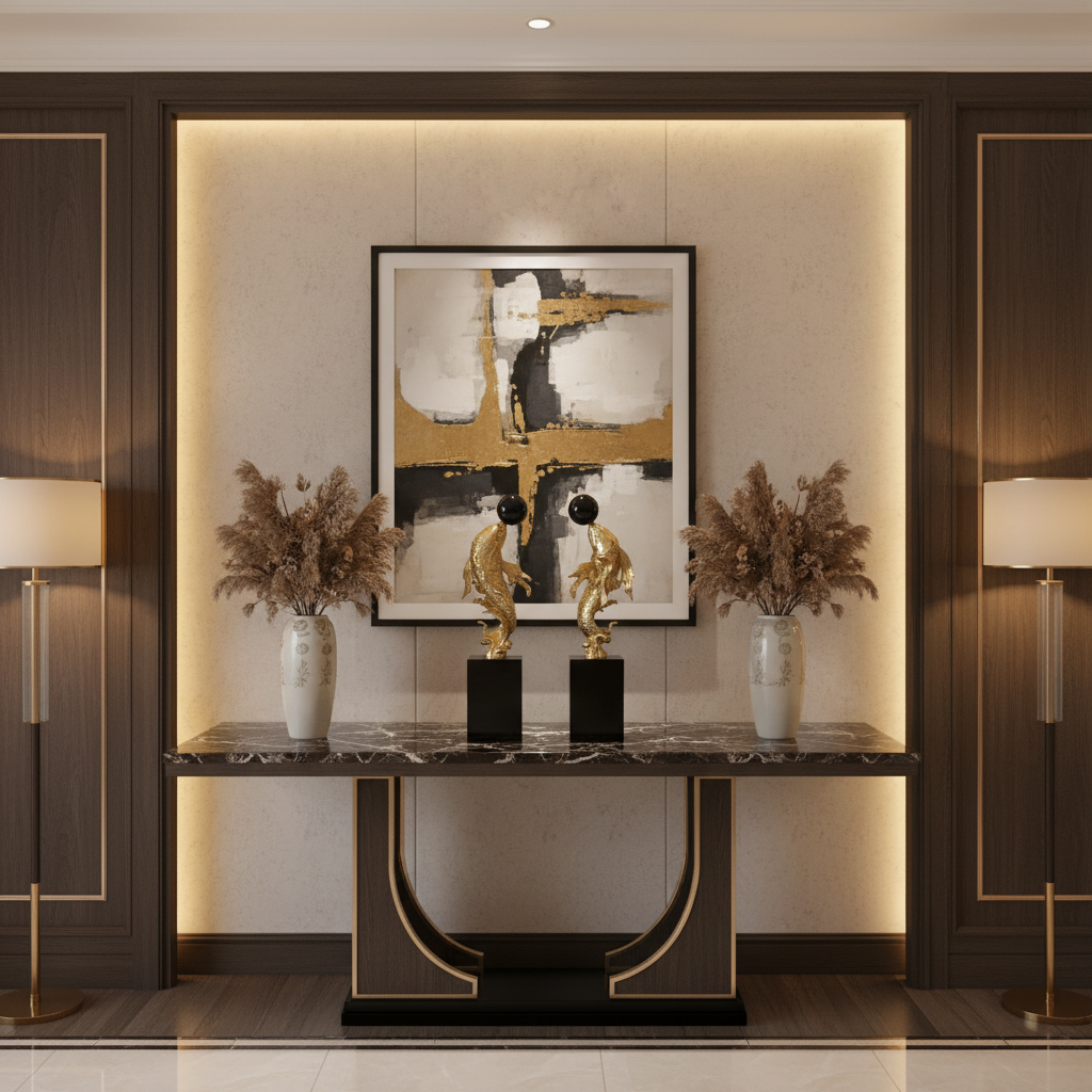 Gold koi fish sculpture pair in luxury home interior
