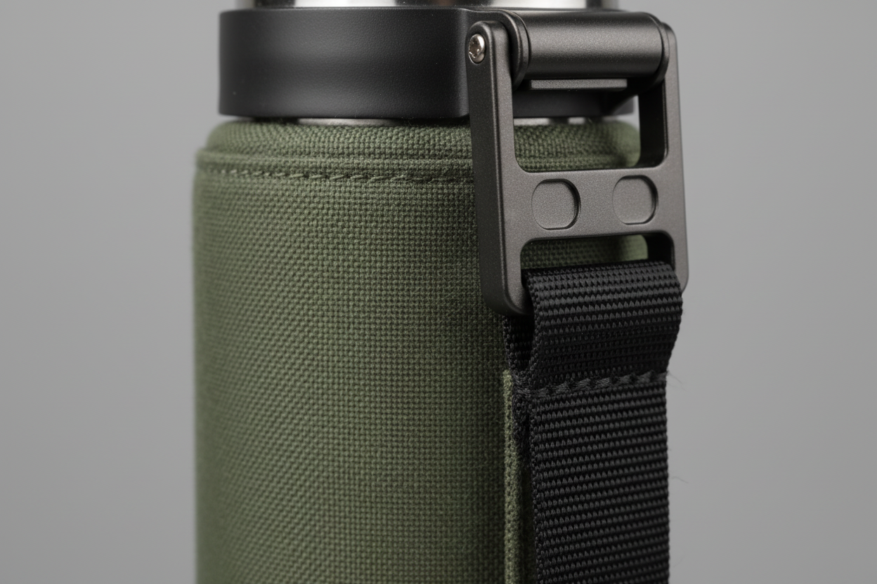 Olive Green Thermos Pouch - Close-up Metal Clip and Fabric Texture Macro Detail