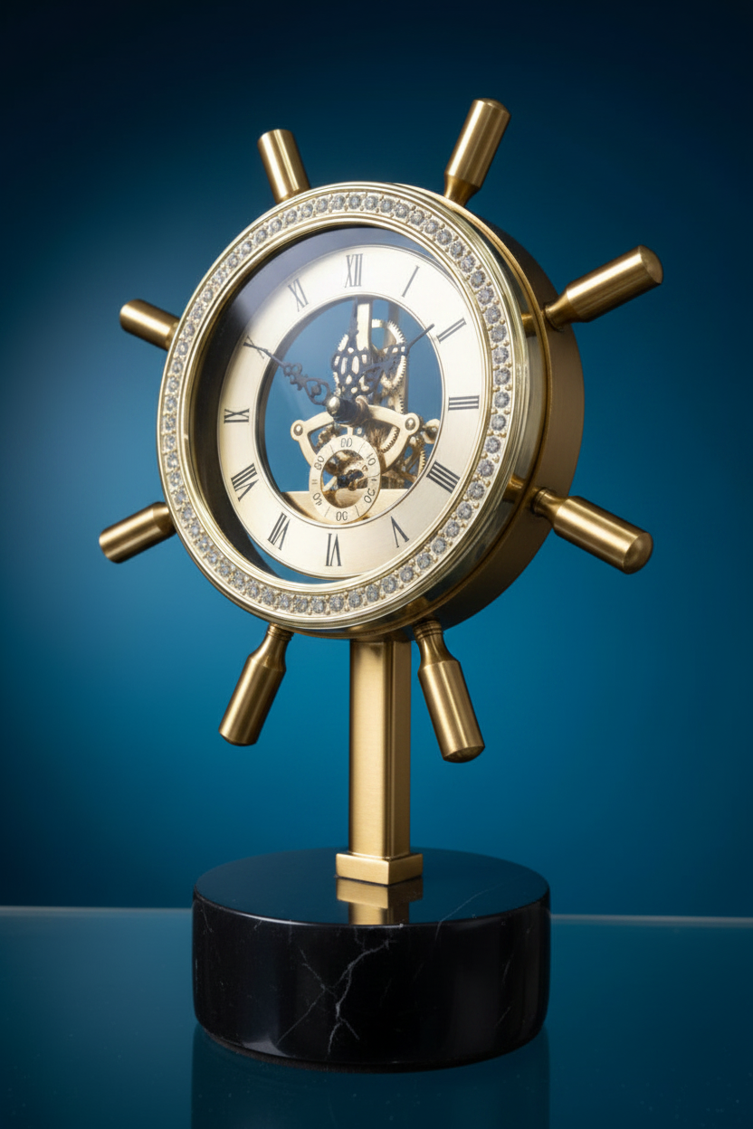 Nautical Ship Wheel Skeleton Clock - Three-Quarter Blue BG