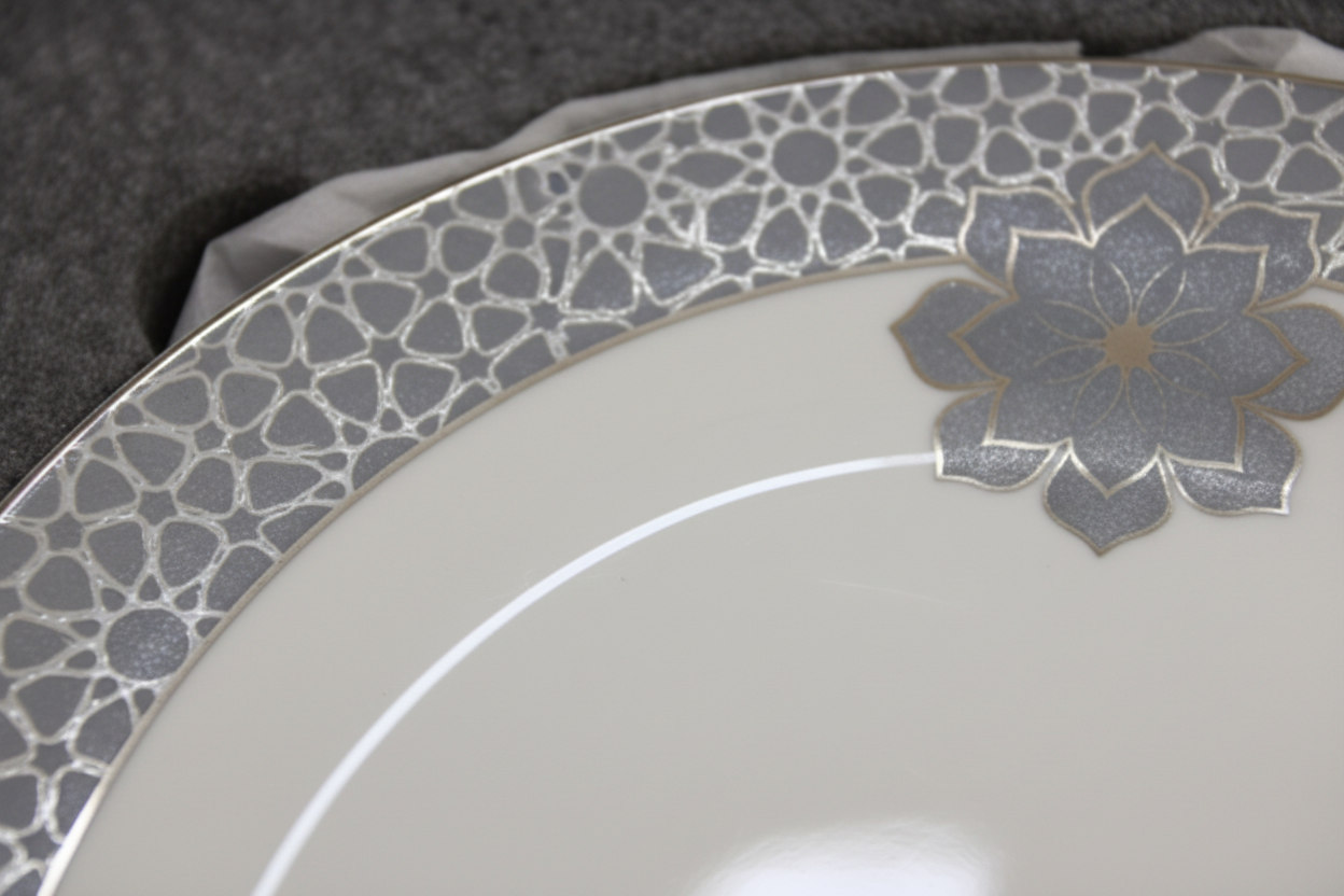 White Silver Lace Ceramic Plate - Close-up Floral Lace Border Macro Shot