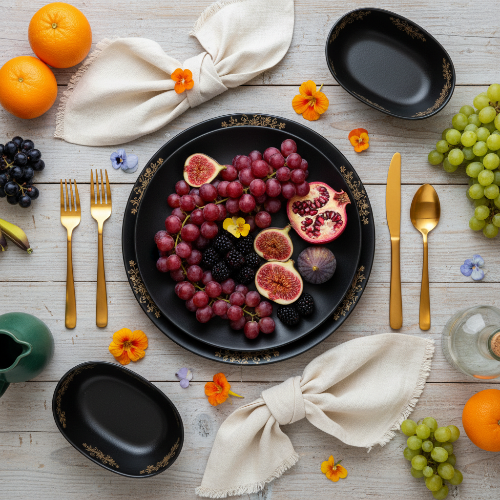 Artistic Flat Lay - Black oval plate and bowls with gold rim, fruits, napkins and cutlery, Instagram aesthetic