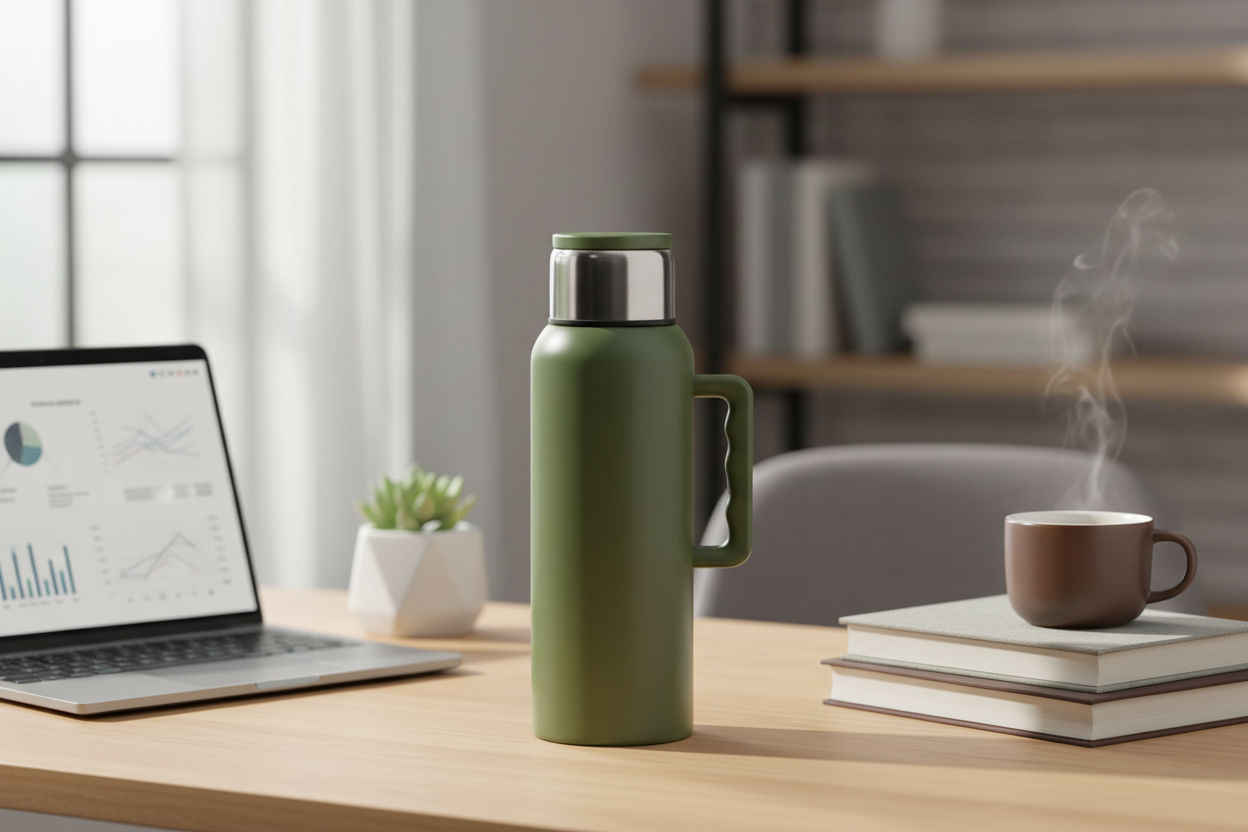 Green Thermos Flask - Office Desk Setup with Laptop Books and Coffee Mug