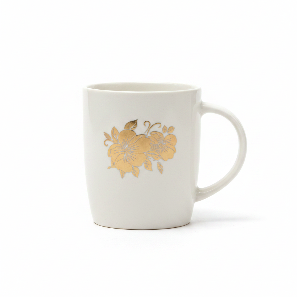 White Ceramic Coffee Mug Golden Floral - Single Side View