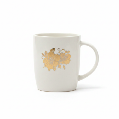White Ceramic Coffee Mug Golden Floral - Single Side View